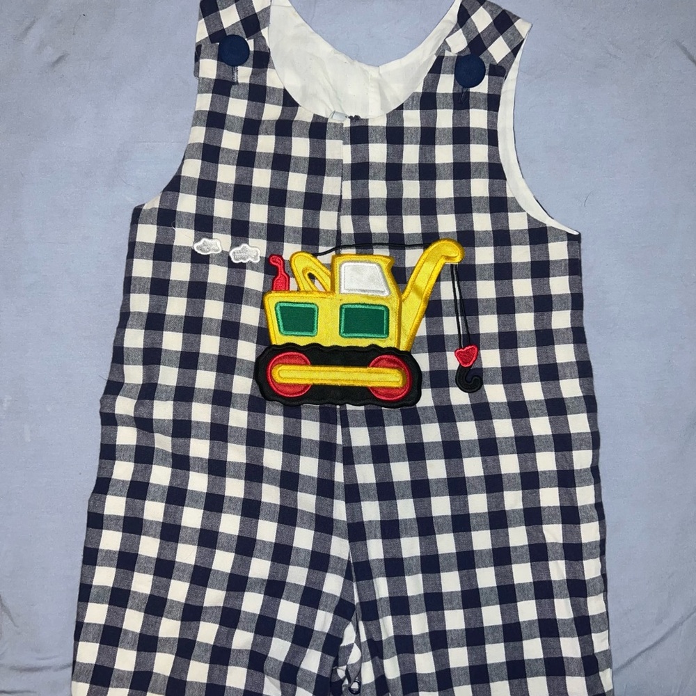 Navy Checkered Kids Overalls with Excavator Patch